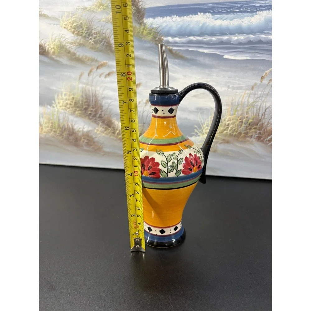 Pier 1 Alexandria Hand Painted Earthenware Oil Vinegar Cruet Floral Yellow Red